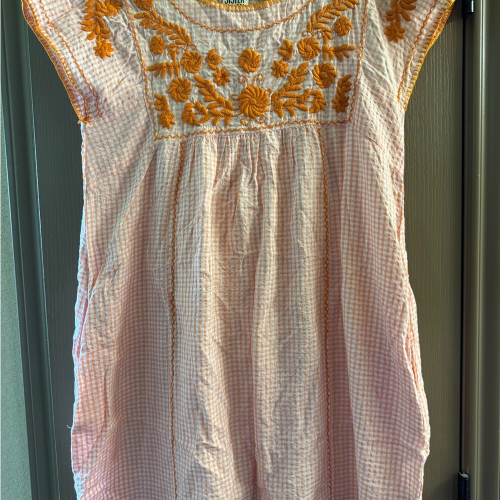 Orange Embroidered Gingham Dress